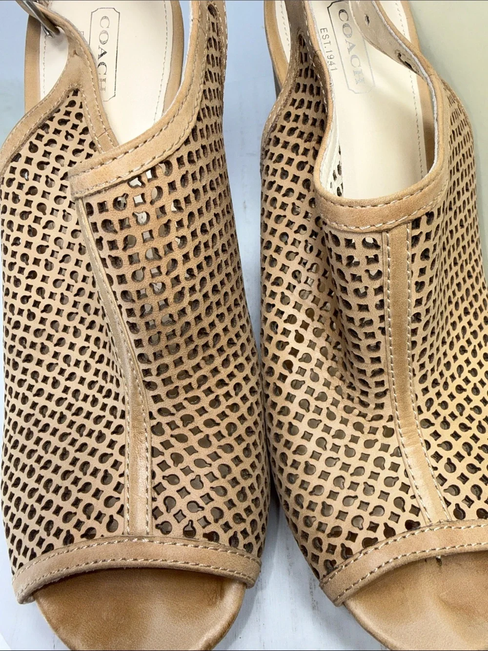 Coach Tan Perforated Leather Slingback Wedge Sandals